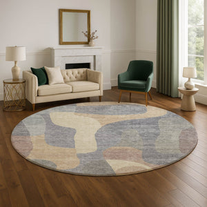 HomeRoots 8' Gray-Wheat and Beige Abstract Round Rug - Washable, UV-Resistant, Durable for Busy Homes 706262