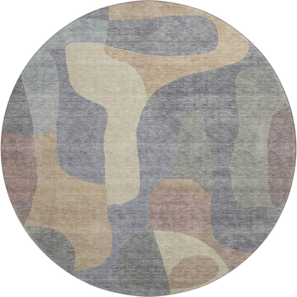 HomeRoots 8' Gray-Wheat and Beige Abstract Round Rug - Washable, UV-Resistant, Durable for Busy Homes 706262