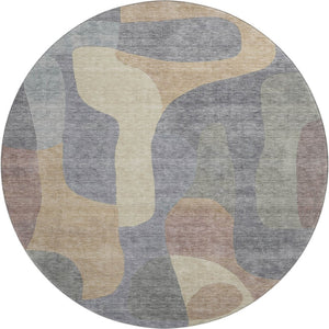 HomeRoots 8' Gray-Wheat and Beige Abstract Round Rug - Washable, UV-Resistant, Durable for Busy Homes 706262