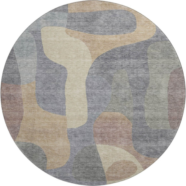 HomeRoots 8' Gray-Wheat and Beige Abstract Round Rug - Washable, UV-Resistant, Durable for Busy Homes 706262