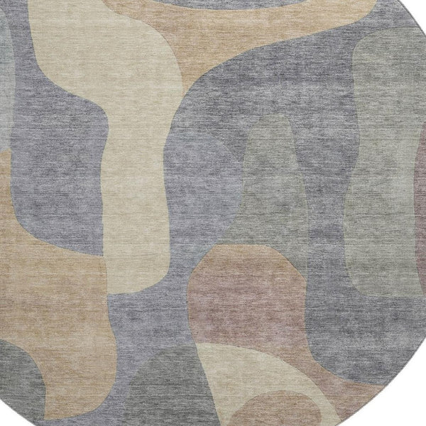 HomeRoots 8' Gray-Wheat and Beige Abstract Round Rug - Washable, UV-Resistant, Durable for Busy Homes 706262