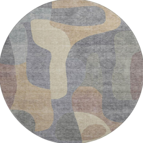 HomeRoots 8' Gray-Wheat and Beige Abstract Round Rug - Washable, UV-Resistant, Durable for Busy Homes 706262