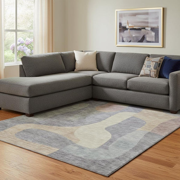 HomeRoots 8' X 10' Gray Wheat Beige Abstract Area Rug - Washable, UV Protected, Durable for Family Spaces 706263