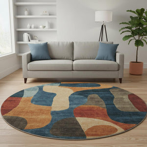 HomeRoots 8' Washable Round Rug in Navy Blue, Orange & Rust - UV Protected, Non-Slip, Family-Friendly Design 706268