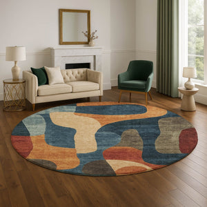 HomeRoots 8' Washable Round Rug in Navy Blue, Orange & Rust - UV Protected, Non-Slip, Family-Friendly Design 706268