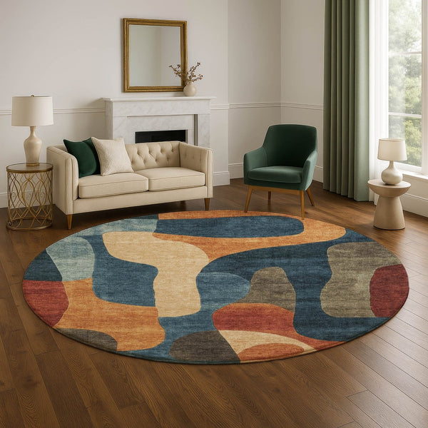 HomeRoots 8' Washable Round Rug in Navy Blue, Orange & Rust - UV Protected, Non-Slip, Family-Friendly Design 706268