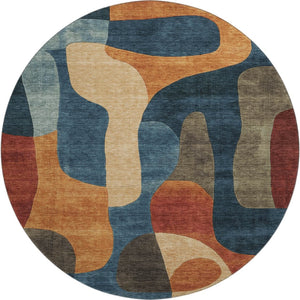 HomeRoots 8' Washable Round Rug in Navy Blue, Orange & Rust - UV Protected, Non-Slip, Family-Friendly Design 706268