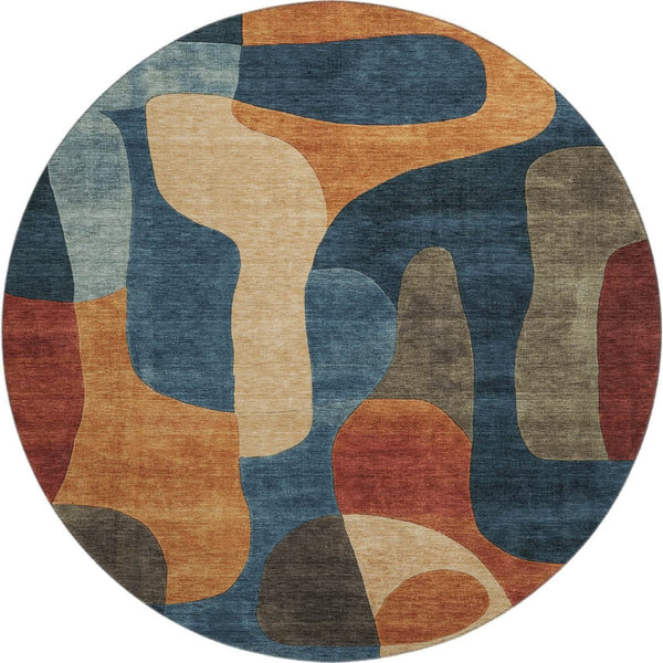 HomeRoots 8' Washable Round Rug in Navy Blue, Orange & Rust - UV Protected, Non-Slip, Family-Friendly Design 706268