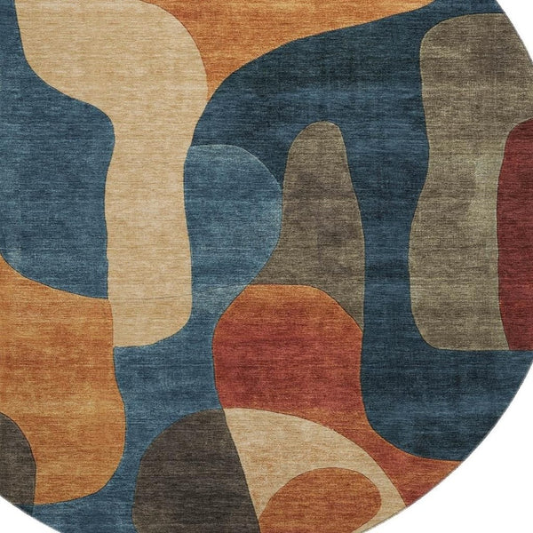 HomeRoots 8' Washable Round Rug in Navy Blue, Orange & Rust - UV Protected, Non-Slip, Family-Friendly Design 706268