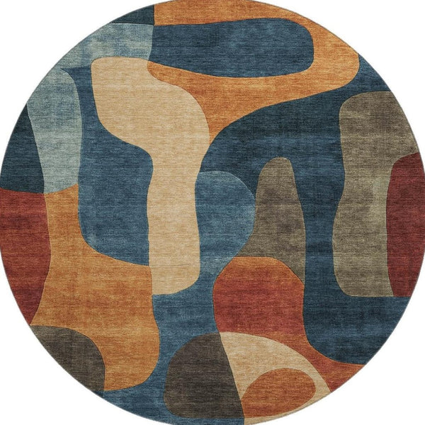 HomeRoots 8' Washable Round Rug in Navy Blue, Orange & Rust - UV Protected, Non-Slip, Family-Friendly Design 706268