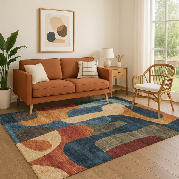 HomeRoots 8' X 10' Abstract Area Rug in Navy Blue, Orange & Rust - Washable, UV-Protected, Non-Slip Design 706269