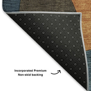 HomeRoots 8' X 10' Abstract Area Rug in Navy Blue, Orange & Rust - Washable, UV-Protected, Non-Slip Design 706269