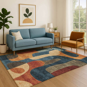 HomeRoots 8' X 10' Abstract Area Rug in Navy Blue, Orange & Rust - Washable, UV-Protected, Non-Slip Design 706269