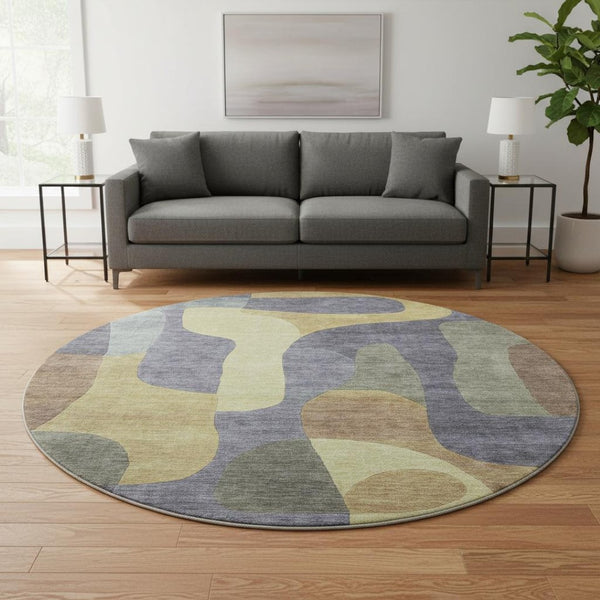 HomeRoots 8' Purple & Wheat Abstract Washable Round Rug - UV-Protected, Stain-Resistant, and Pet-Friendly! 706274