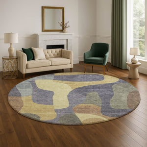 HomeRoots 8' Purple & Wheat Abstract Washable Round Rug - UV-Protected, Stain-Resistant, and Pet-Friendly! 706274