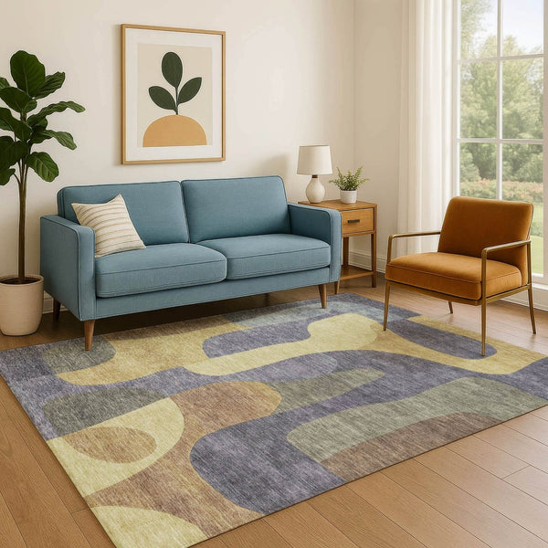 HomeRoots 9' X 12' Purple And Wheat Abstract Area Rug - Washable, UV Protected, Non-Slip for Modern Spaces 706276