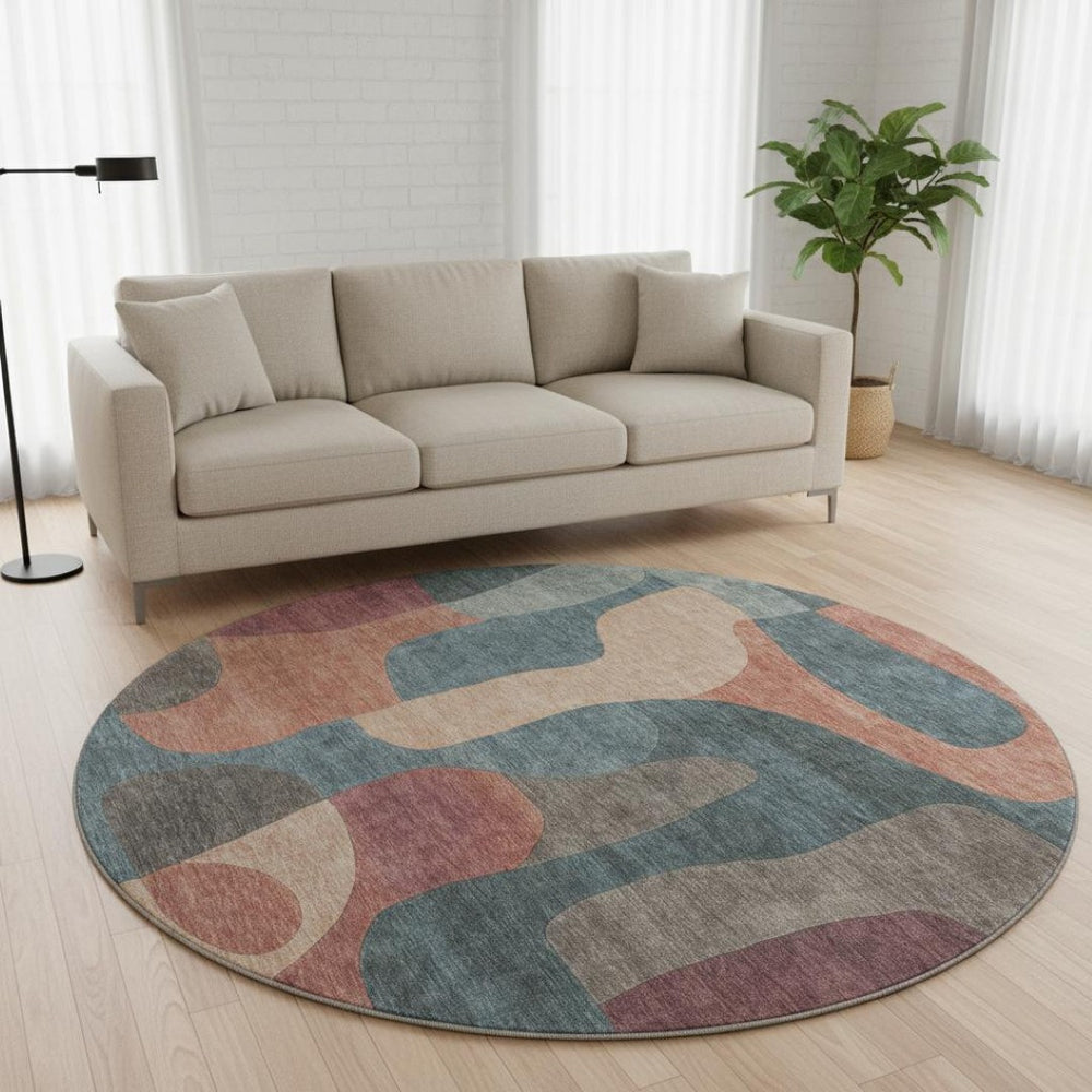 HomeRoots 8' Sage Peach and Rust Abstract Washable Round Rug - UV Protected, Stain Resistant, Easy Care! 706280