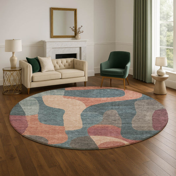 HomeRoots 8' Sage Peach and Rust Abstract Washable Round Rug - UV Protected, Stain Resistant, Easy Care! 706280