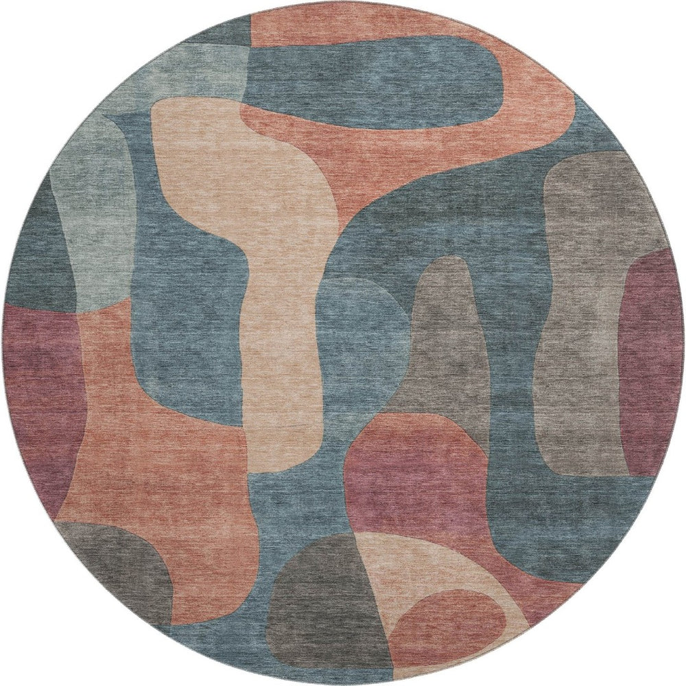 HomeRoots 8' Sage Peach and Rust Abstract Washable Round Rug - UV Protected, Stain Resistant, Easy Care! 706280