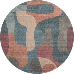 HomeRoots 8' Sage Peach and Rust Abstract Washable Round Rug - UV Protected, Stain Resistant, Easy Care! 706280