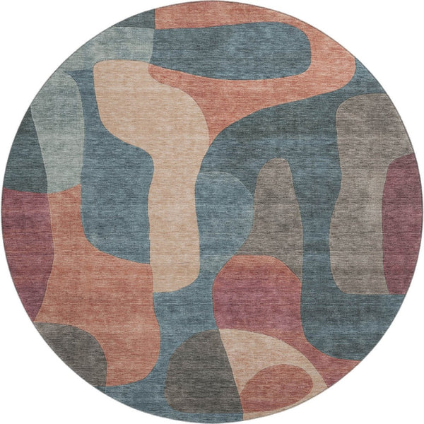 HomeRoots 8' Sage Peach and Rust Abstract Washable Round Rug - UV Protected, Stain Resistant, Easy Care! 706280