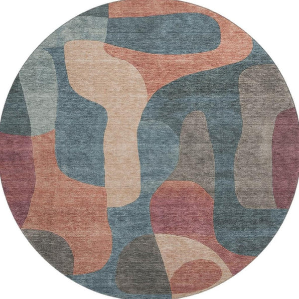 HomeRoots 8' Sage Peach and Rust Abstract Washable Round Rug - UV Protected, Stain Resistant, Easy Care! 706280