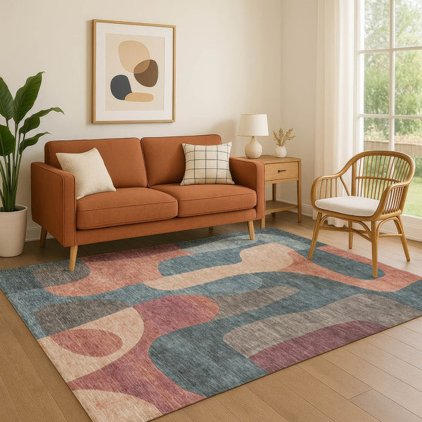 HomeRoots 8' X 10' Modern Abstract Area Rug in Sage Peach & Rust - Washable, UV Protected, Non-Slip Backing 706281