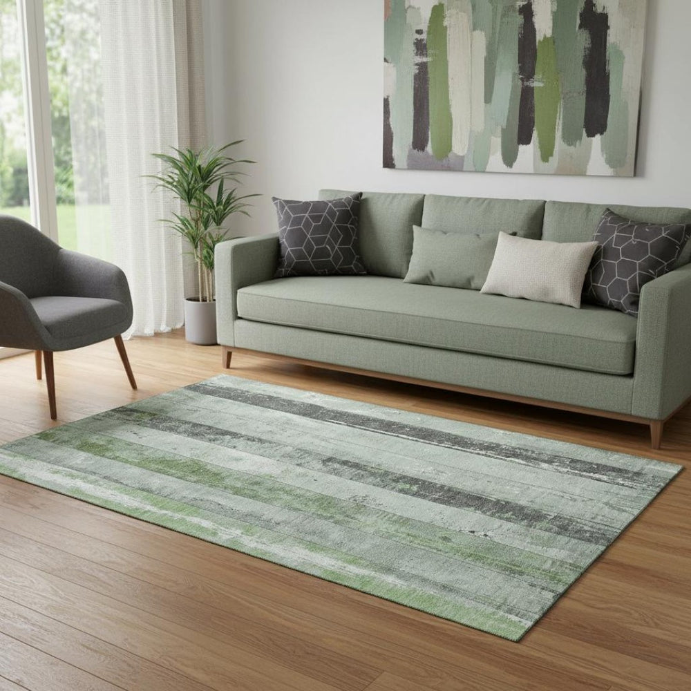 HomeRoots 5' X 8' Artichoke Green & Gray Striped Washable Area Rug – Durable, UV-Protected, Easy-Care Design 706285