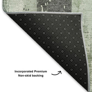 HomeRoots 5' X 8' Artichoke Green & Gray Striped Washable Area Rug – Durable, UV-Protected, Easy-Care Design 706285