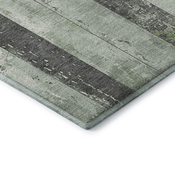 HomeRoots 5' X 8' Artichoke Green & Gray Striped Washable Area Rug – Durable, UV-Protected, Easy-Care Design 706285