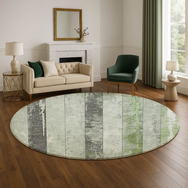 HomeRoots 8' Artichoke Green and Gray Striped Washable Round Rug - Durable, Stain-Resistant, UV Protected Style! 706286