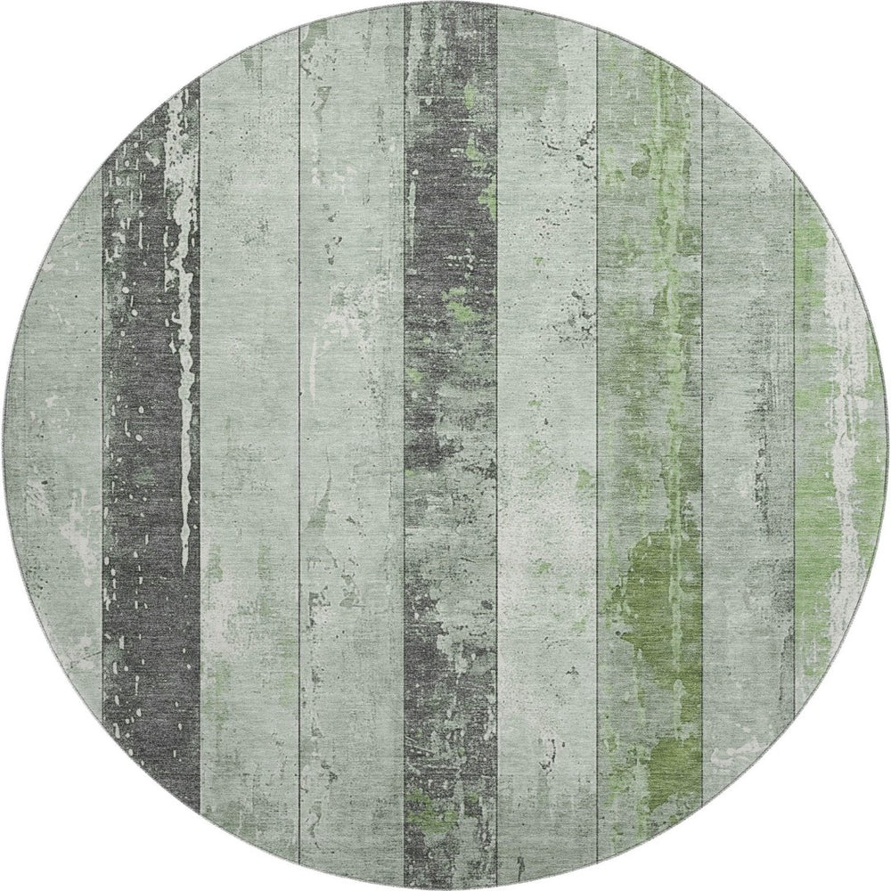 HomeRoots 8' Artichoke Green and Gray Striped Washable Round Rug - Durable, Stain-Resistant, UV Protected Style! 706286