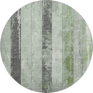 HomeRoots 8' Artichoke Green and Gray Striped Washable Round Rug - Durable, Stain-Resistant, UV Protected Style! 706286