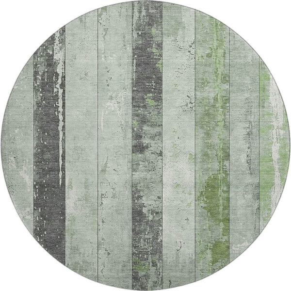 HomeRoots 8' Artichoke Green and Gray Striped Washable Round Rug - Durable, Stain-Resistant, UV Protected Style! 706286