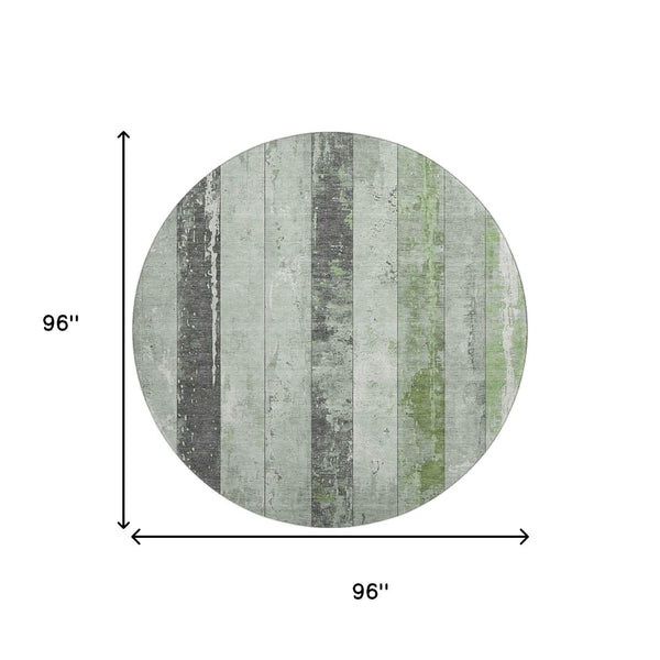 HomeRoots 8' Artichoke Green and Gray Striped Washable Round Rug - Durable, Stain-Resistant, UV Protected Style! 706286