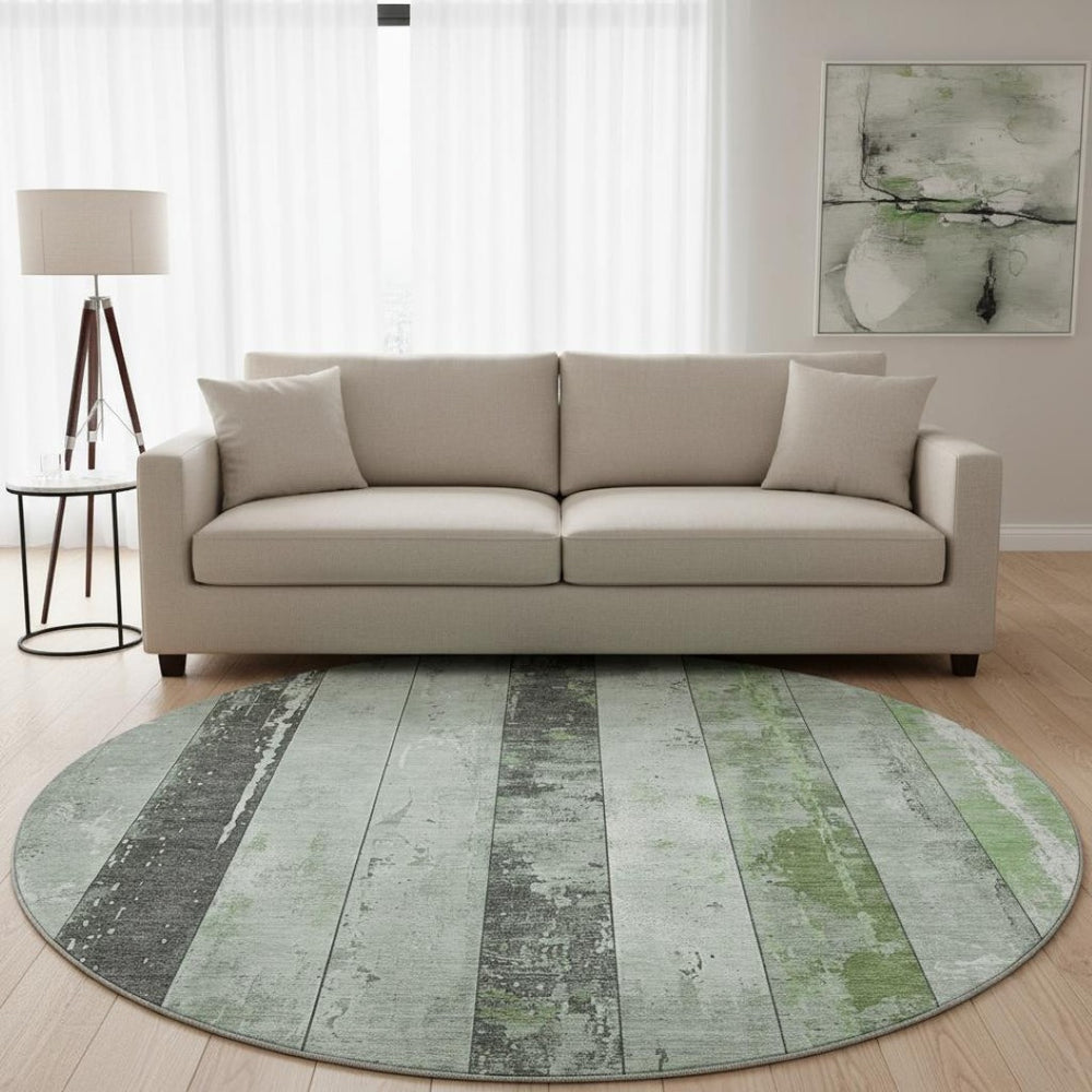 HomeRoots 8' Artichoke Green and Gray Striped Washable Round Rug - Durable, Stain-Resistant, UV Protected Style! 706286