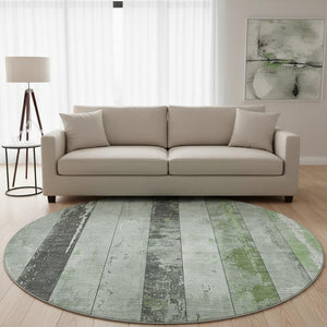 HomeRoots 8' Artichoke Green and Gray Striped Washable Round Rug - Durable, Stain-Resistant, UV Protected Style! 706286