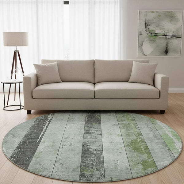 HomeRoots 8' Artichoke Green and Gray Striped Washable Round Rug - Durable, Stain-Resistant, UV Protected Style! 706286