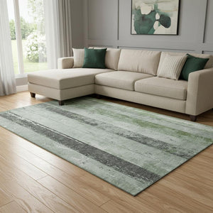 HomeRoots 8' X 10' Artichoke Green & Gray Striped Washable Area Rug – Durable, Stylish, UV Protected Home Essential 706287