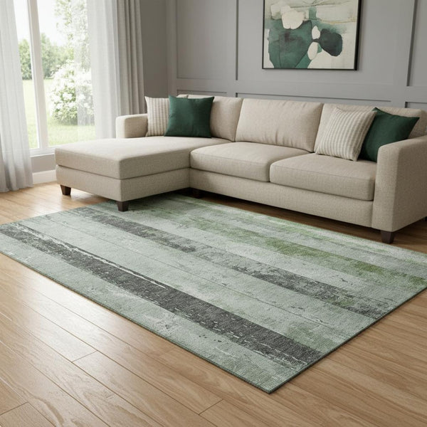 HomeRoots 8' X 10' Artichoke Green & Gray Striped Washable Area Rug – Durable, Stylish, UV Protected Home Essential 706287