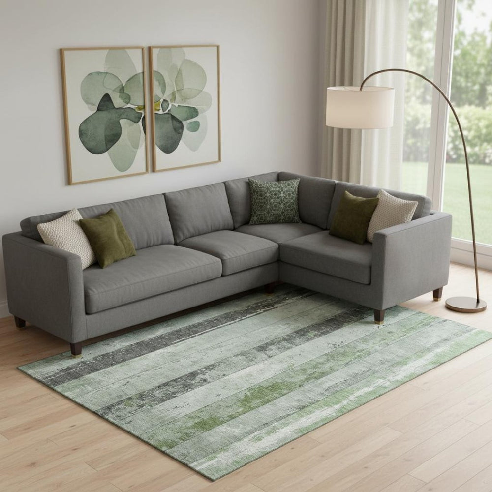 HomeRoots 9' X 12' Artichoke Green Striped Area Rug - Washable, UV Protected, Stain Resistant for Busy Homes 706288