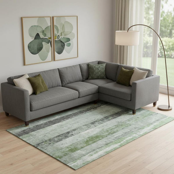 HomeRoots 9' X 12' Artichoke Green Striped Area Rug - Washable, UV Protected, Stain Resistant for Busy Homes 706288