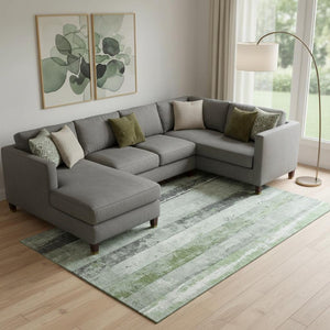 HomeRoots 10' X 14' Artichoke Green & Gray Striped Washable Area Rug with UV Protection for Kids & Pets 706289
