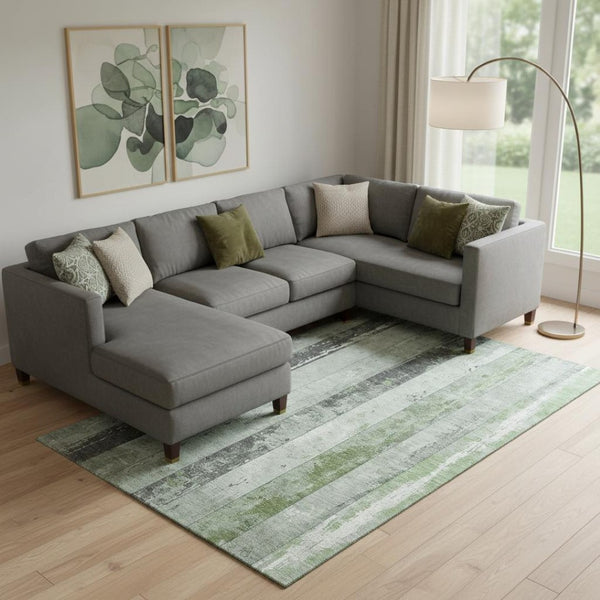 HomeRoots 10' X 14' Artichoke Green & Gray Striped Washable Area Rug with UV Protection for Kids & Pets 706289