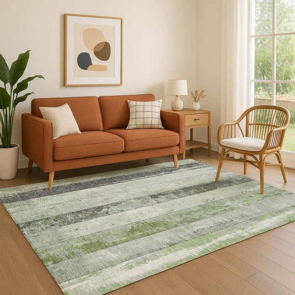 HomeRoots 10' X 14' Artichoke Green & Gray Striped Washable Area Rug with UV Protection for Kids & Pets 706289