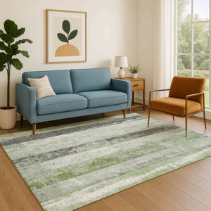 HomeRoots 10' X 14' Artichoke Green & Gray Striped Washable Area Rug with UV Protection for Kids & Pets 706289
