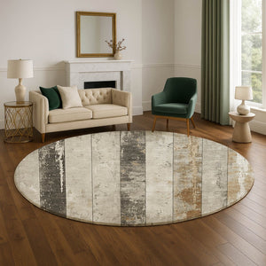 HomeRoots 8' Beige and Gray Striped Washable Round Rug - UV Resistant, Soft, Durable for High-Traffic Spaces 706292