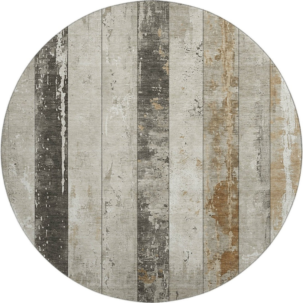 HomeRoots 8' Beige and Gray Striped Washable Round Rug - UV Resistant, Soft, Durable for High-Traffic Spaces 706292