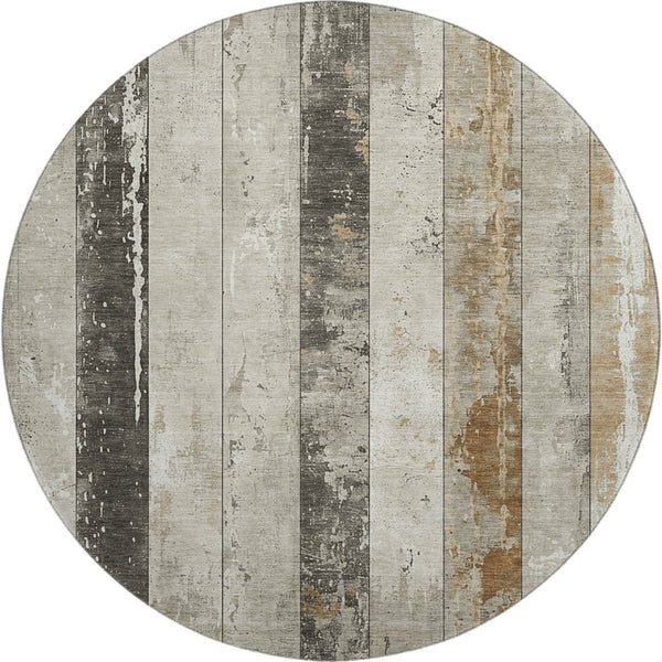 HomeRoots 8' Beige and Gray Striped Washable Round Rug - UV Resistant, Soft, Durable for High-Traffic Spaces 706292