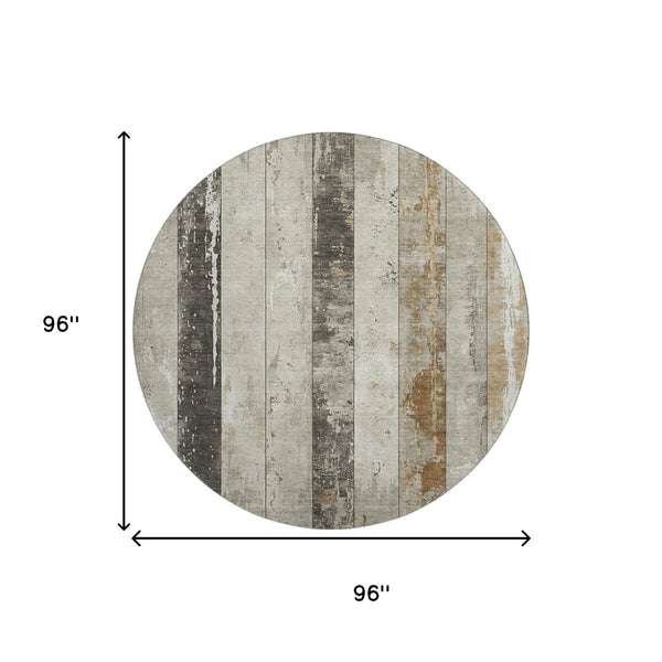 HomeRoots 8' Beige and Gray Striped Washable Round Rug - UV Resistant, Soft, Durable for High-Traffic Spaces 706292